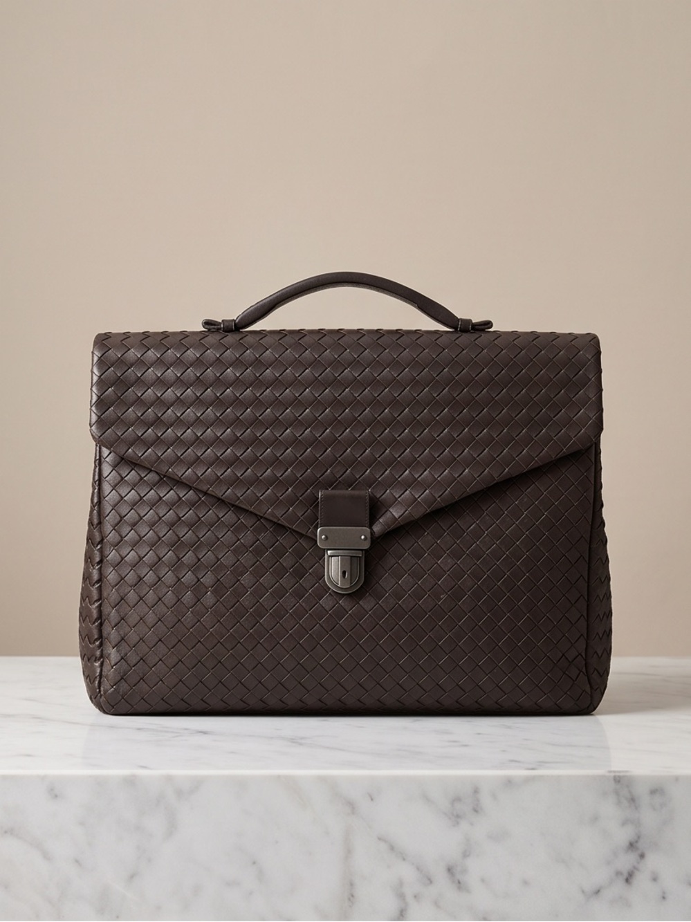 Authentic  Bottega Veneta Men's Woven Leather Briefcase - Dark Brown